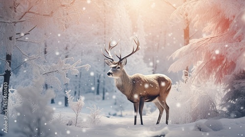 deer decorated with Christmas decorations in a serene winter forest. a deer stands among snow-covered trees, decorated with holiday decorations, © ZinaZaval