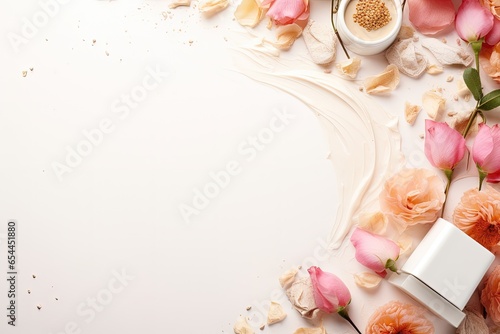 Web banner featuring a beautifully styled corner with organic cosmetics including a skin cream bottle dry flowers leaves rose and Himalayan salt on a white tabl