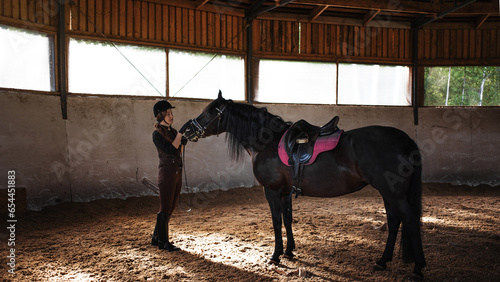 Equestrian sports. A young woman in a sports uniform, a rider and her horse in the arena, preparing for training with a dressage horse.