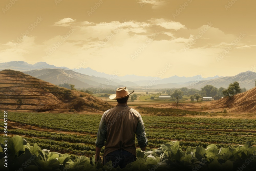 Fototapeta premium Lone farmer laboring on an expansive farm, a solitary figure amidst vast fields and horizons.