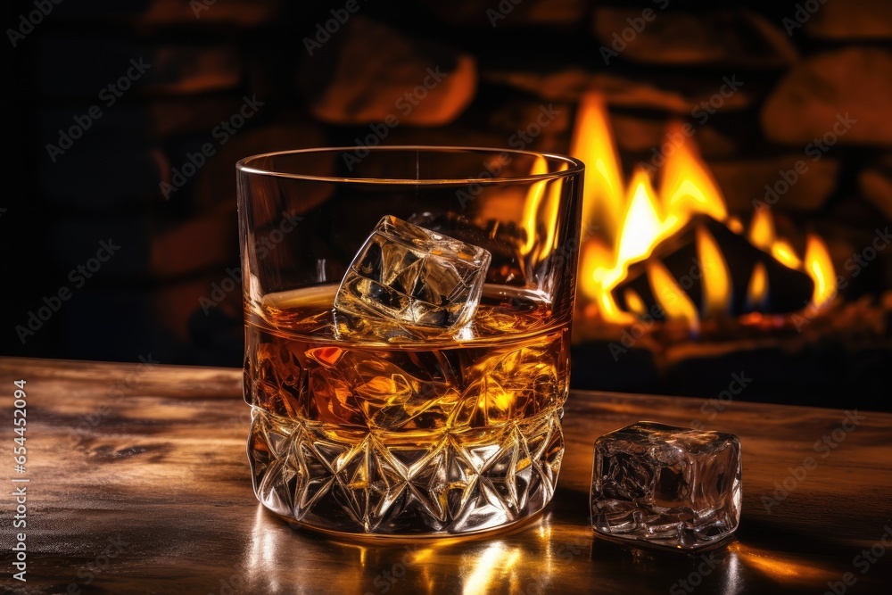 Whiskey on table near fireplace symbolizing rest and relaxation Whiskey on table near fireplace symbolizing rest and relaxation