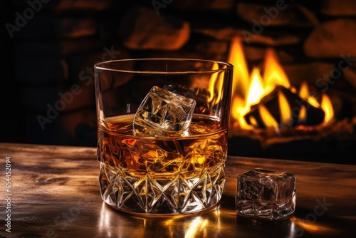 Whiskey on table near fireplace symbolizing rest and relaxation