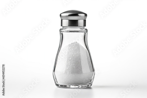 White background glass salt shaker on its own