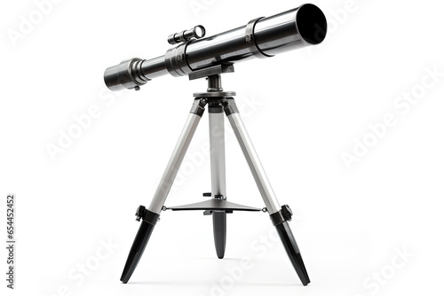 White background isolates black telescope on aluminum tripod photo