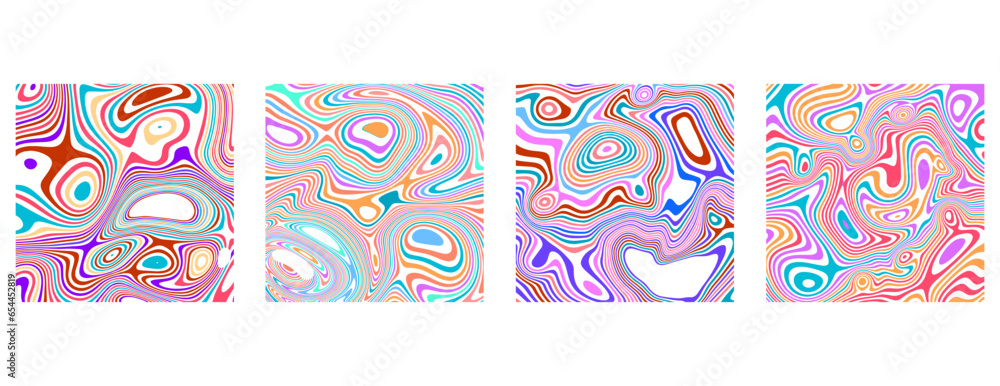 SET ABSTRACT ILLUSTRATION MARBLED TEXTURE LIQUIFY PSYCHEDELIC PASTEL COLORFUL DESIGN. OPTICAL ILLUSION BACKGROUND VECTOR DESIGN