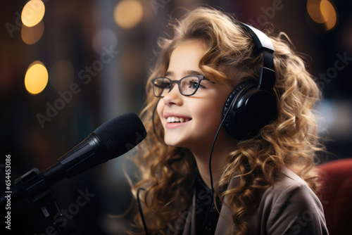 Cute girl with glasses in a vocal lesson photo