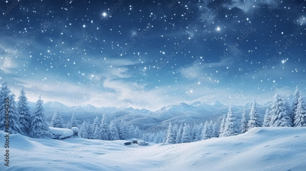 Immerse yourself in the charm of a Christmas winter background, featuring a snowy sky, an assortment of snowflake variations