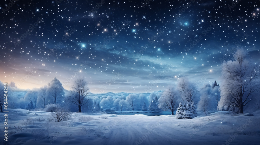 Embrace the holiday season with this stunning winter landscape, adorned with a snow-filled sky