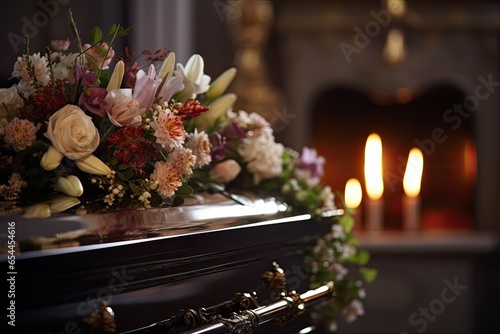 White coffin with floral arrangement and burning candle in mortuary