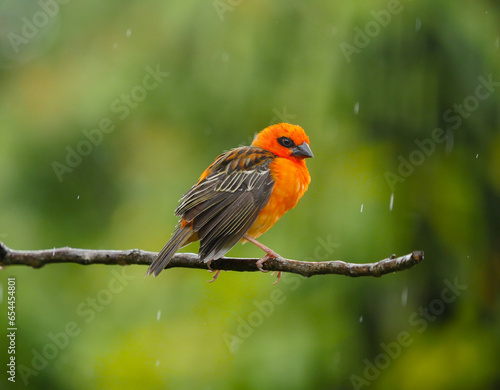 Vibrant orange bird perching on branch - Mauritius Foudia 