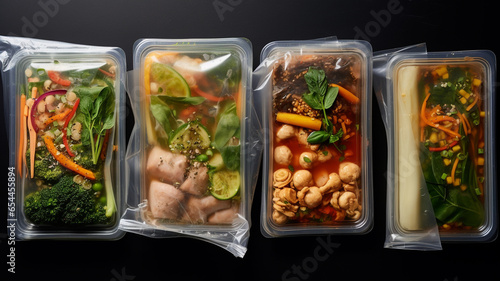 plastic box with different food on table. delivery service concept © Daniel