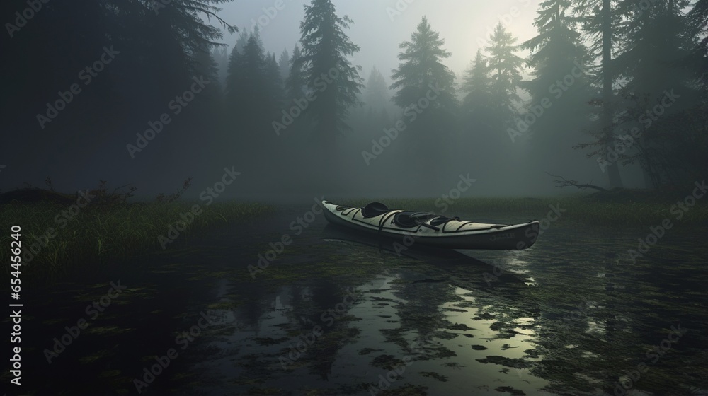 : A birthday kayak on a misty morning, surrounded by a mysterious, fog-covered forest.