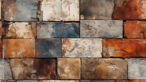 Seamless vintage geometric tiles with a worn look adorn a shabby concrete wall..