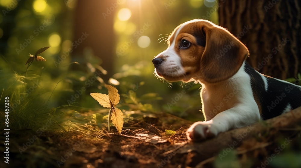Beagle puppy curiously sniffing in the grass - obrazy, fototapety, plakaty 