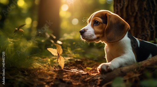 Beagle puppy curiously sniffing in the grass photo