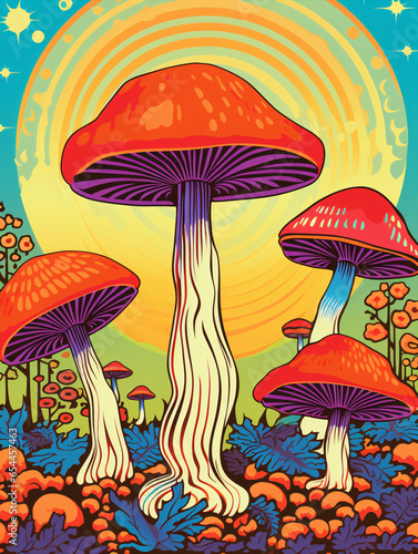 A retro-themed poster adorned with trippy 70s-style mushrooms..