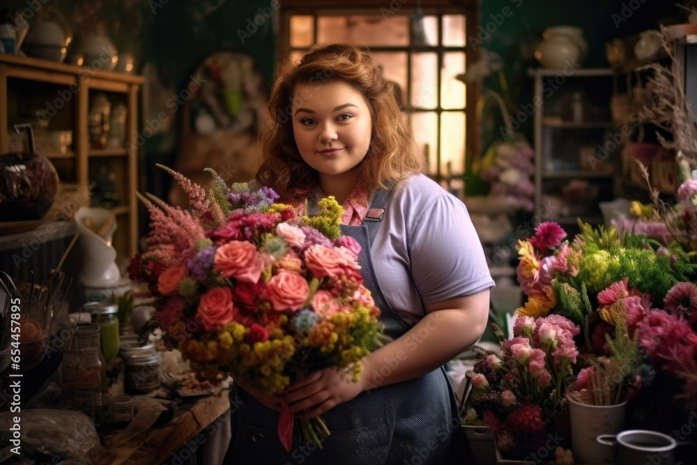 Fat young woman manager at a flower shop