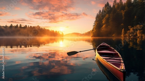 : A tranquil lake with a birthday kayak illuminated by the soft hues of a sunrise.