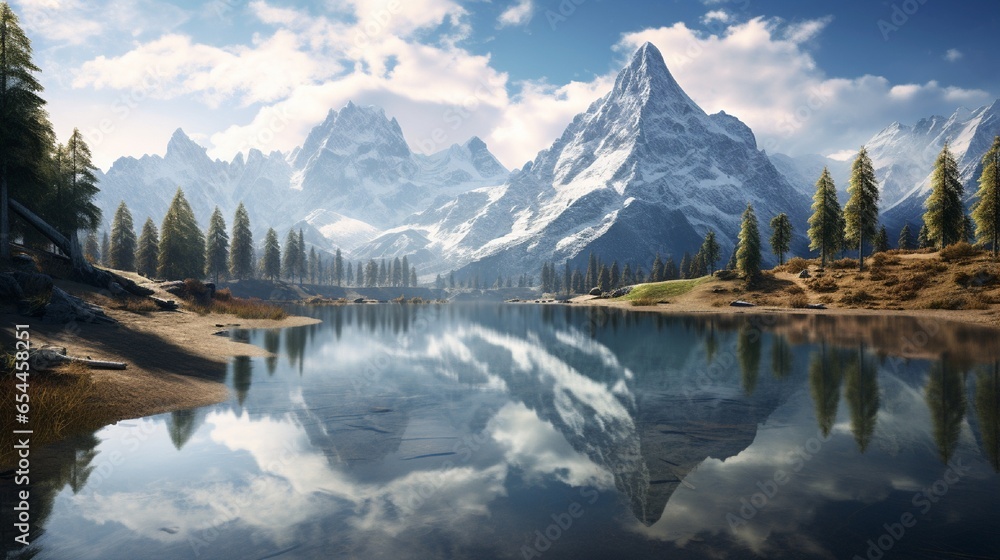 : A tranquil, mirror-like lake nestled between towering snow-capped peaks, reflecting the pristine alpine scenery.