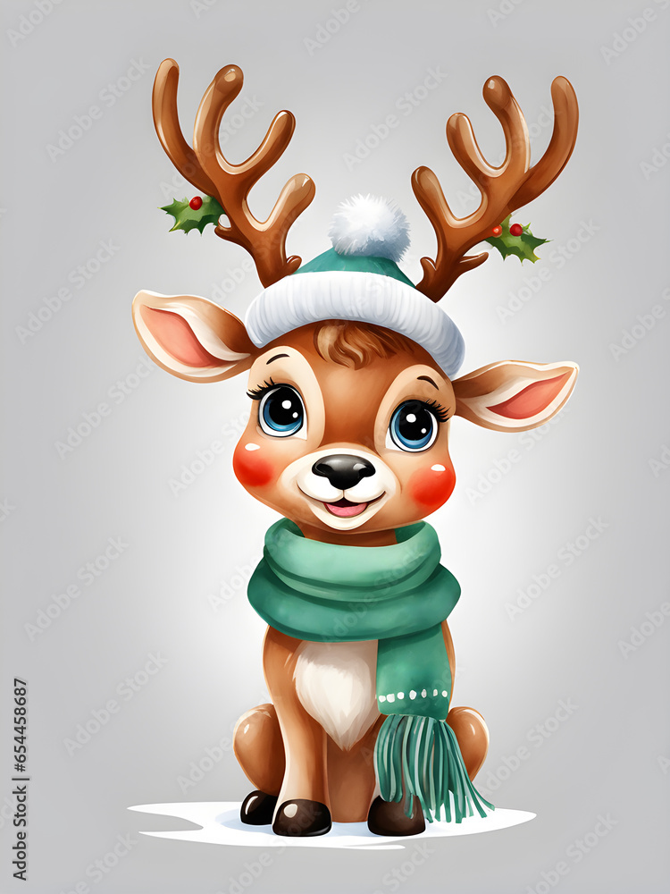 drawn cute christmas reindeer wearing a warm scarf and hat drawn cute christmas reindeer wearing a warm scarf and hat