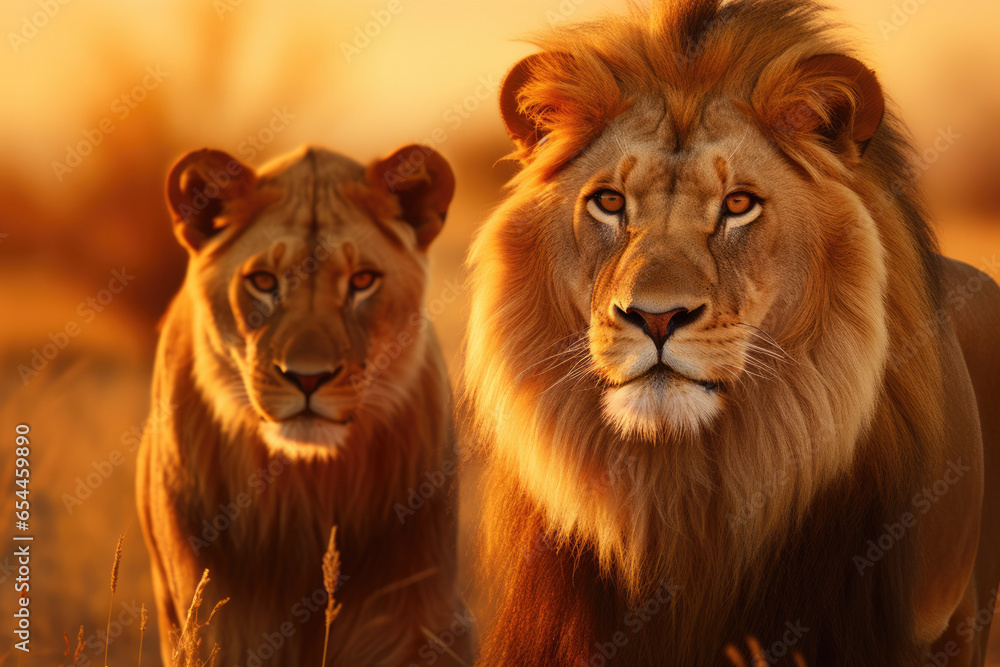 A majestic lion couple standing side by side