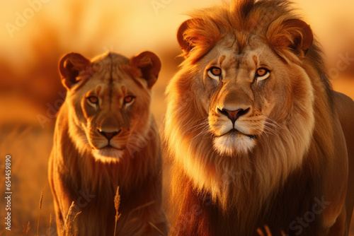 A majestic lion couple standing side by side