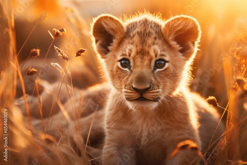 A playful lion cub enjoying the tall grass in the field