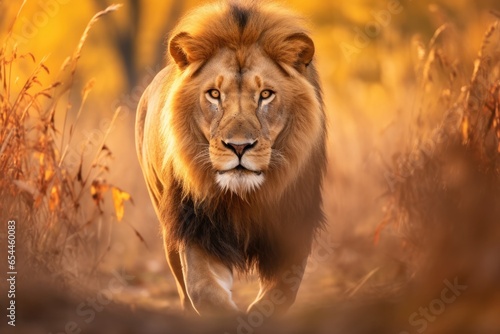 A majestic lion strolling through a golden sea of tall grass © Virginie Verglas