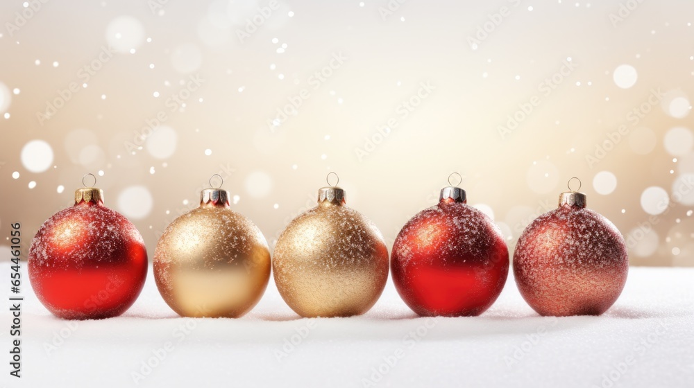 Christmas background with red and golden baubles on snow with golden bokeh effect Festive New Year greeting card, horizontal wallpaper with copy space Christmas background with red and golden baubles on snow with golden bokeh effect Festive New Year greeting card, horizontal wallpaper with copy space