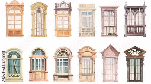 An assortment of charming watercolor illustrations portraying classic European windows