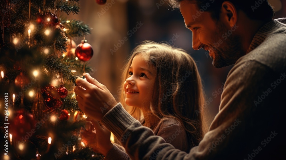 Little girl with dad decorate Christmas tree with red balls and twinkling garlands, family holiday atmosphere, Christmas greeting card with copy space