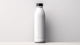 A white, shiny metal water bottle with a black cap, presented in a lifelike packaging mockup