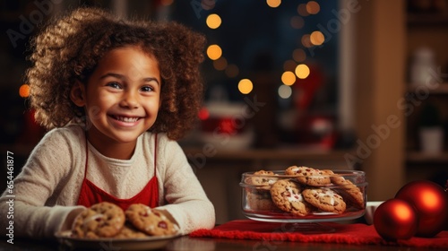 Dark-skinned African American girl smiling in a red apron near Christmas homemade gingerbread cookies against the background of a blurred bokeh of a New Year's festive decorated tree, greeting card