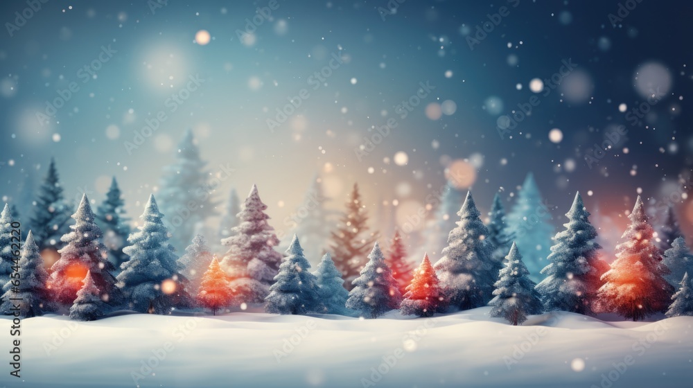 Winter landscape with colored fir trees and snowfall. 3D illustration. Christmas blue background with snowflakes copy space, horizontal wallpaper mockup New Year greeting card Winter landscape with colored fir trees and snowfall. 3D illustration. Christmas blue background with snowflakes copy space, horizontal wallpaper mockup New Year greeting card
