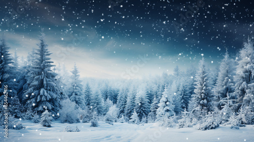 A wintry Christmas backdrop featuring snowy fir branches and pinecones against a forest setting.. © ckybe