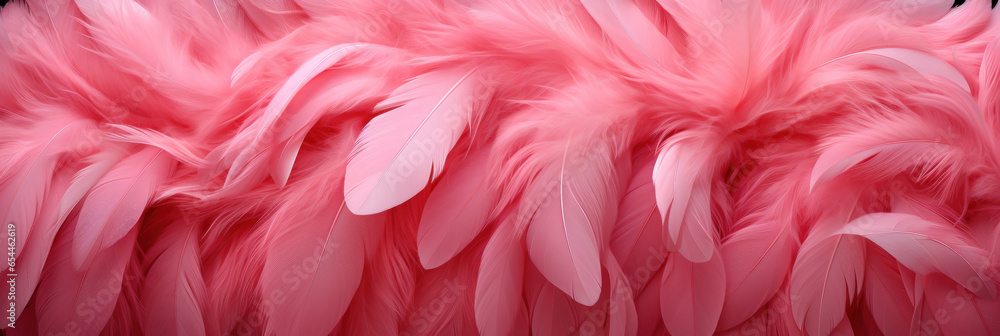 Beautiful colorful background of pink flamingo feathers, backdrop of exotic tropical bird feathers