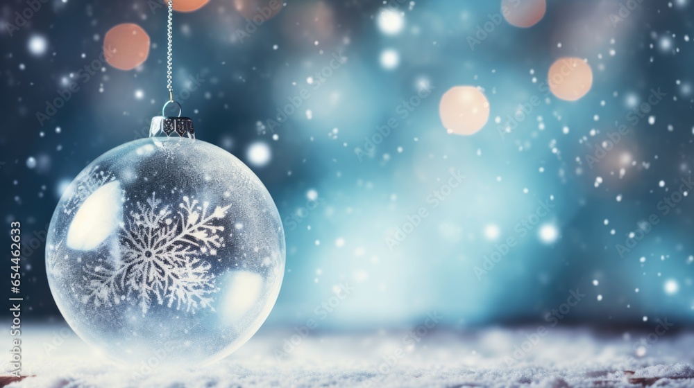 Christmas transparent bauble on bokeh blue background with snow and snowflakes New Year greeting card horizontal with copy space Christmas transparent bauble on bokeh blue background with snow and snowflakes New Year greeting card horizontal with copy space