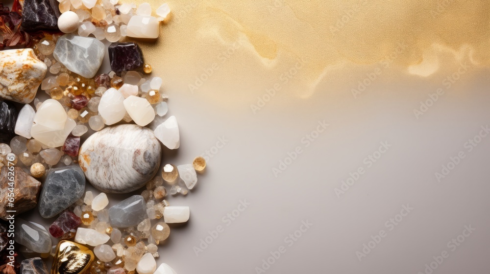 variously minerals and gems, top view, bright light, minimalistic, light gold marble table background