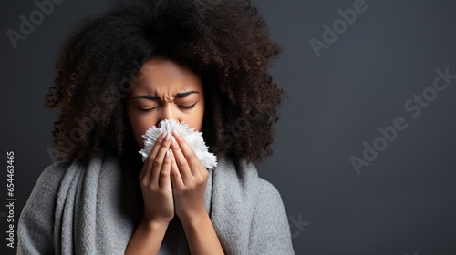 Dark skinned African American woman sneezing Close up portrait isolated on gray background space for text, unwell flu patient sneezing, blowing nose into tissue, allergy cold symptoms of covid virus photo
