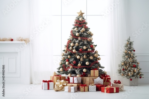 Decorated christmas fir tree with gift boxes