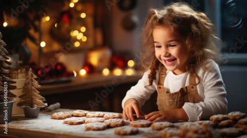 Happy girl child smiling bakes homemade Christmas cookies on the table with flour and powdered sugar, blurred background with New Year's bokeh and Christmas tree with space for text