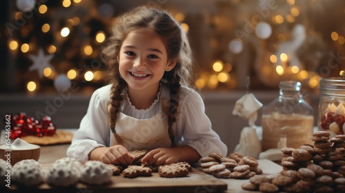 Happy girl with pigtails smiling bakes homemade Christmas cookies on the table with flour  blurred background with New Year s bokeh and Christmas tree with space for text