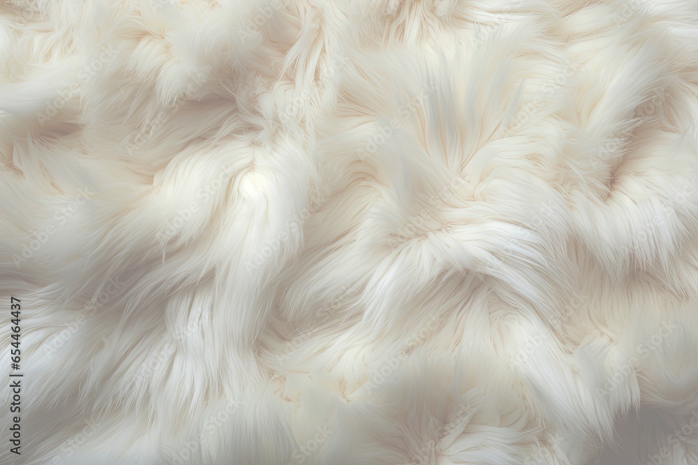 White sheepskin textile plaid viewed from above Cozy and warm backdrop - obrazy, fototapety, plakaty 