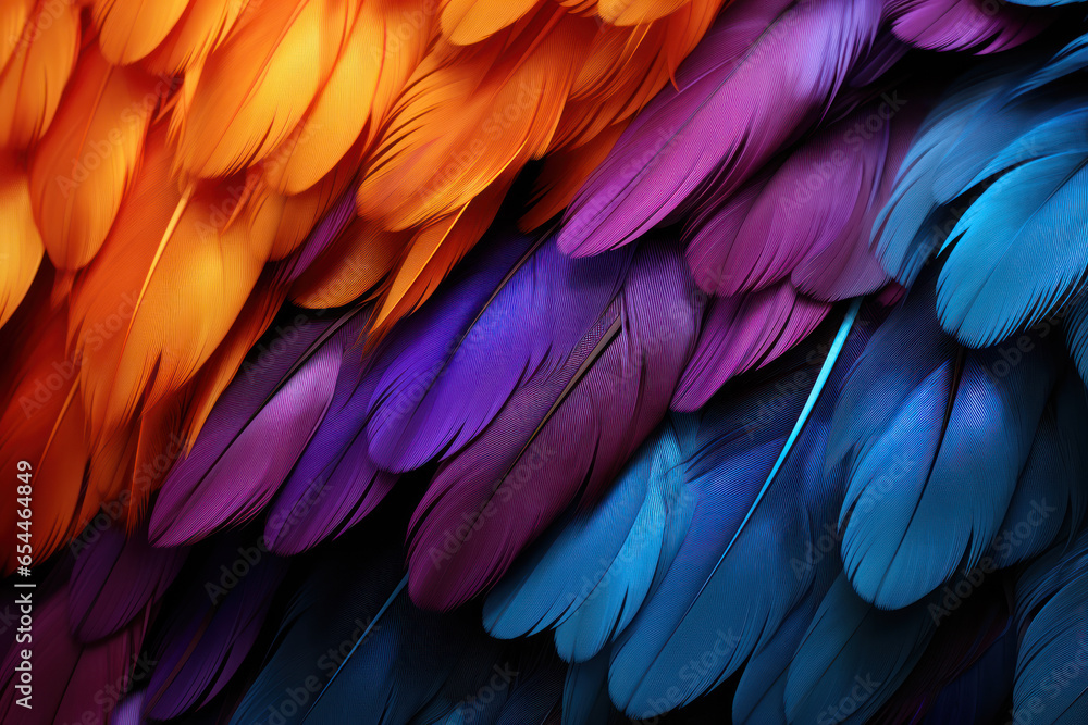 Obraz premium Beautiful colorful background of toucan feathers, backdrop of exotic tropical bird feathers