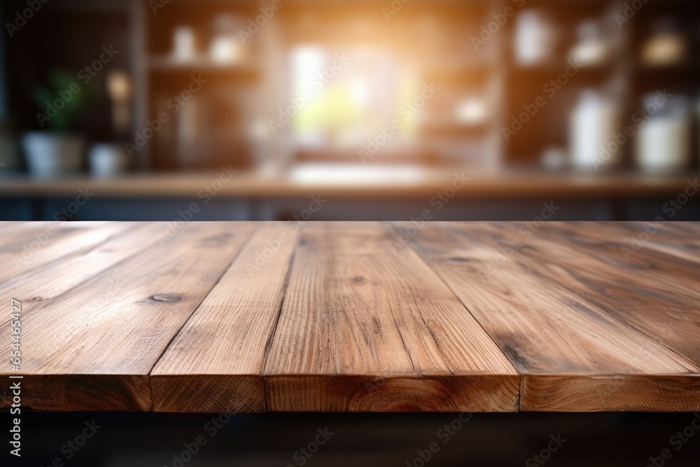 Wood table top on blurred kitchen counter background