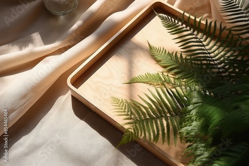 Woodcut on trendy beige background with fern shadows wooden platform for natural cosmetics products display sunlit wooden tray mockup top down view