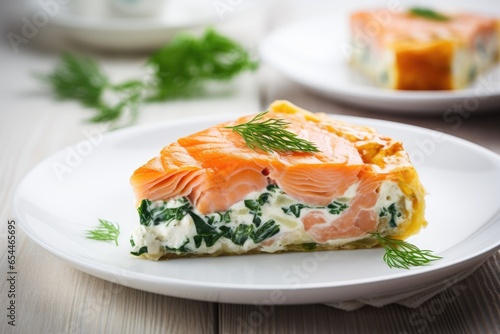 Wooden background with salmon spinach and cheese pie