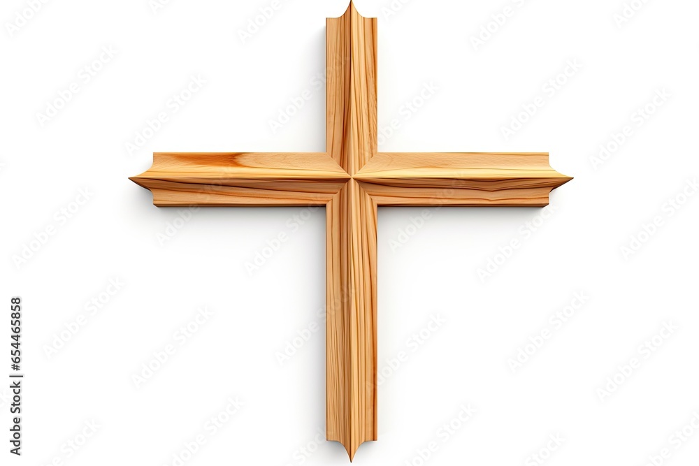 Wooden Christian cross on white background made of natural wood material Clipping path included