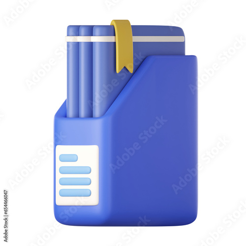 Files box with book icon. management efficient work on project plan concept, assignment and exam, work solution render illustration.