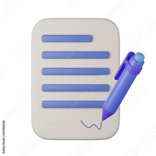 An agreement document with signed pen logo icon. management efficient work on project plan concept, assignment and exam, work solution render illustration.
